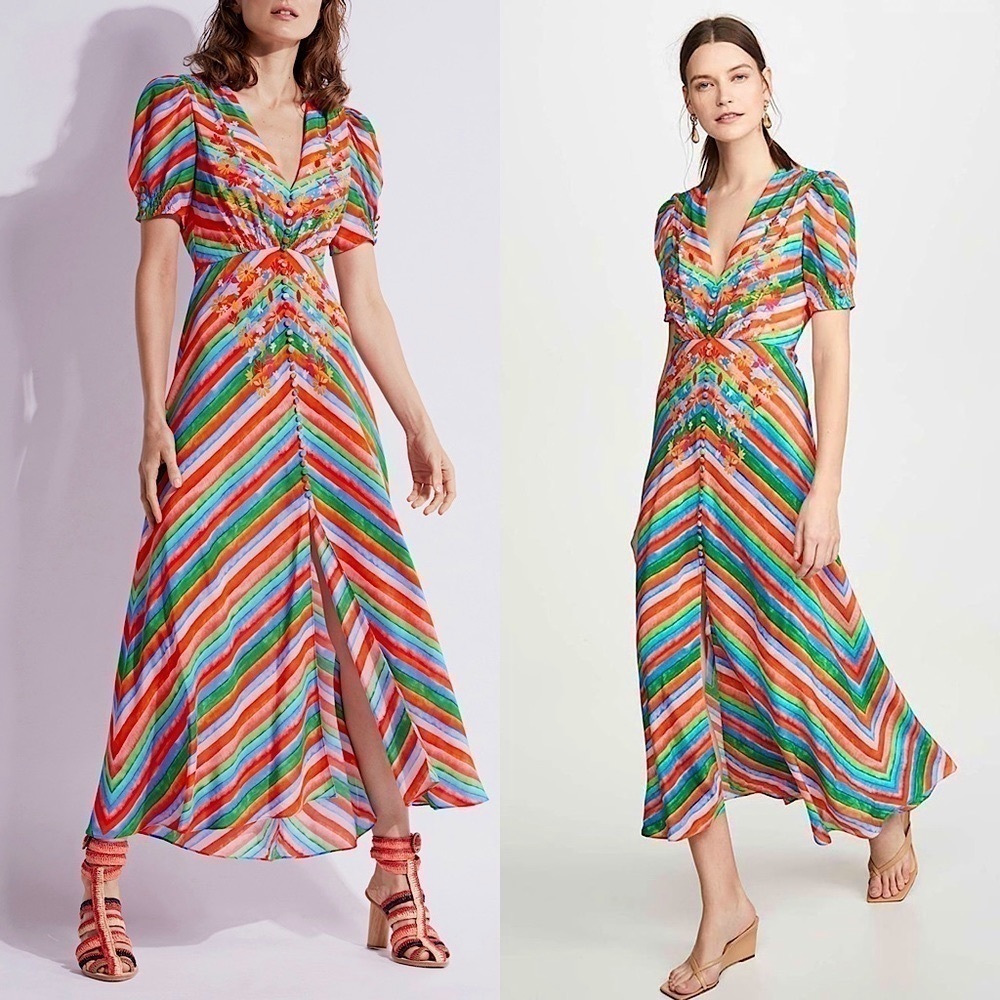 SALONI Silk Rainbow‎ Floral Stripe Puffed Short Sleeve Button Front Midi Dress 4
